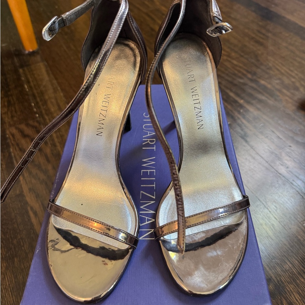 Stuart Weitzman Silver Mirror Like Strappy Heels